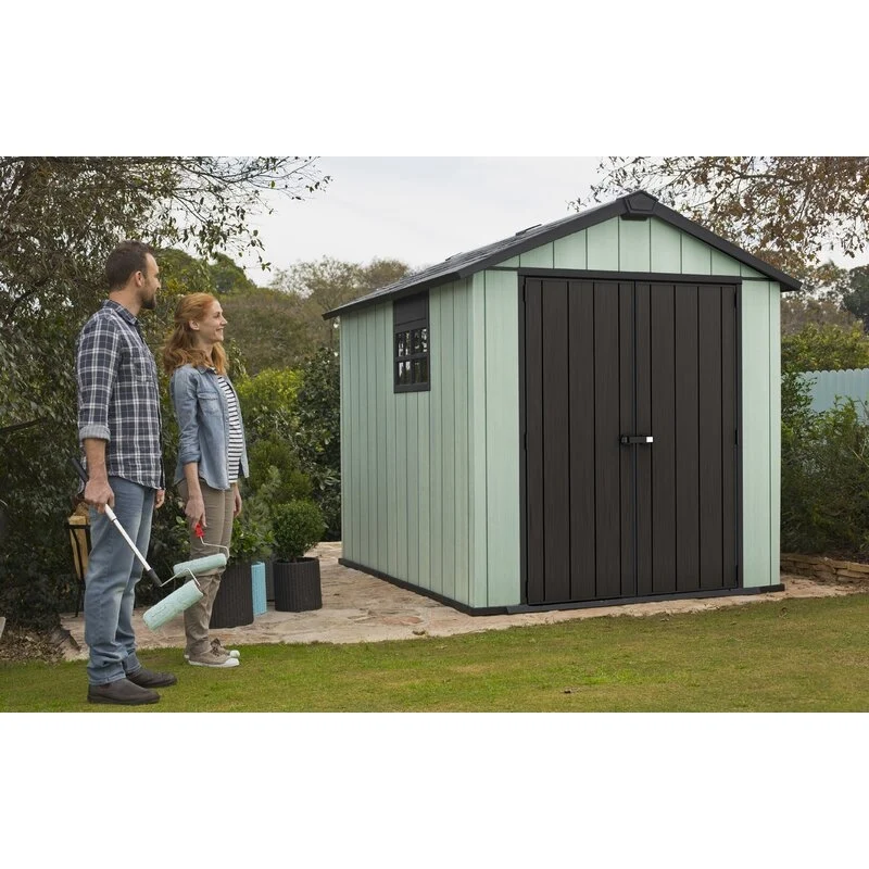 Oakland 7 x 7 FT Rustic Worn Wooden Texture Storage Shed with High Ceiling And Victorian Window