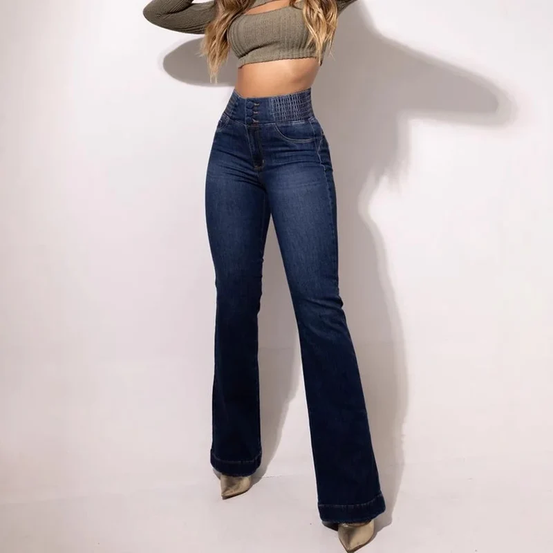 Jean Taille Haute "Allure" – Coupe Flare avec Détail Boutonné