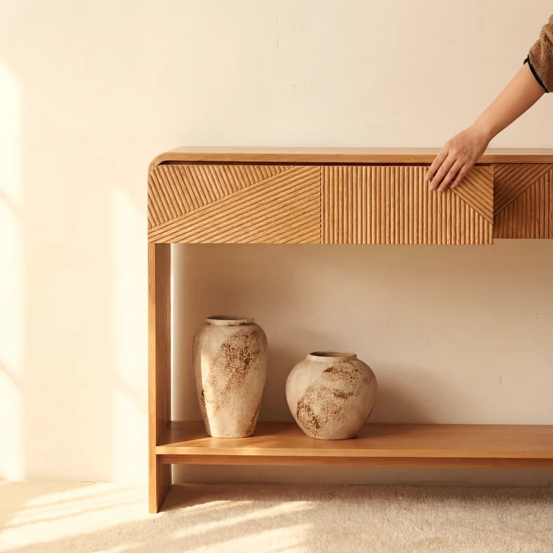 VISTA Console Table White oak with sculpted slat detailing