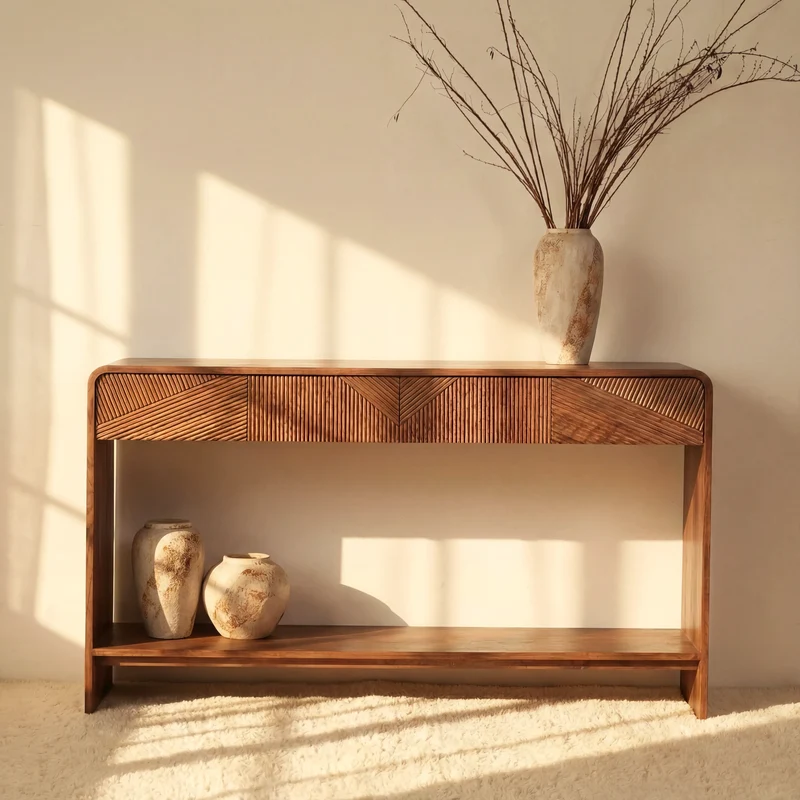 VISTA Console Table White oak with sculpted slat detailing