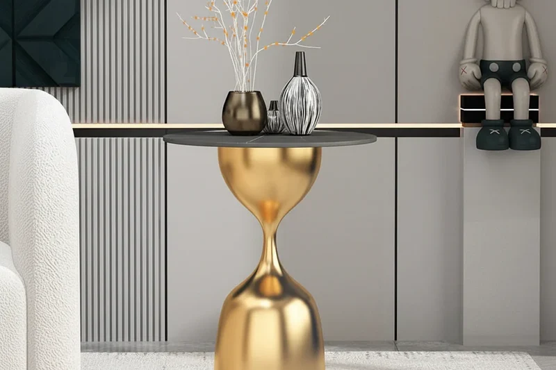 Modern Marble Top Side Table, Sculptural Pedestal Accent Table, Luxury Gold End Table for Living Room Bedroom