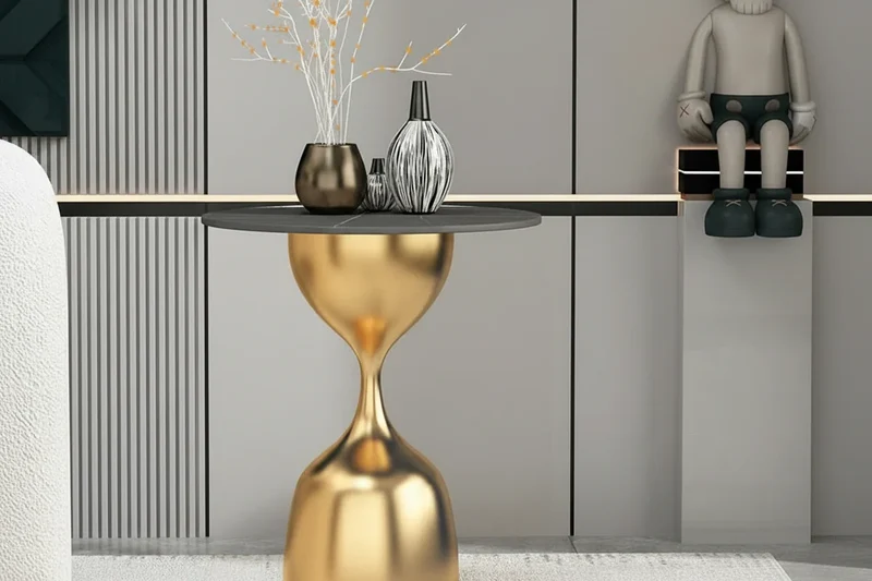 Modern Marble Top Side Table, Sculptural Pedestal Accent Table, Luxury Gold End Table for Living Room Bedroom