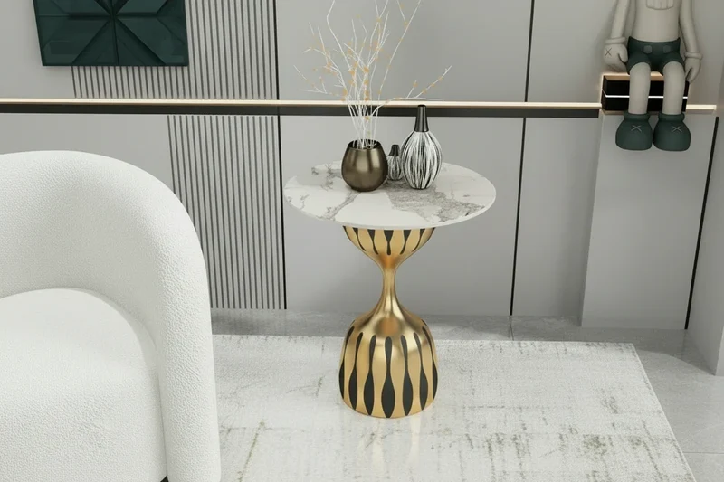 Modern Marble Top Side Table, Sculptural Pedestal Accent Table, Luxury Black Gold End Table for Living Room Bedroom