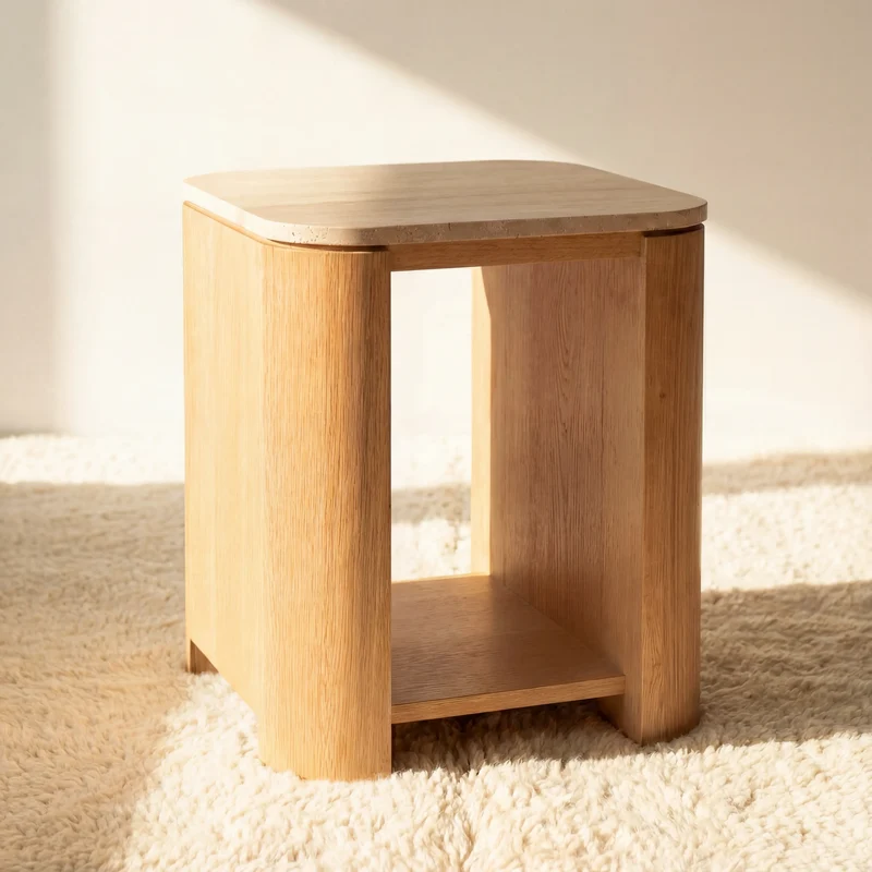Ovelo Side Table Oak wood with travertine top