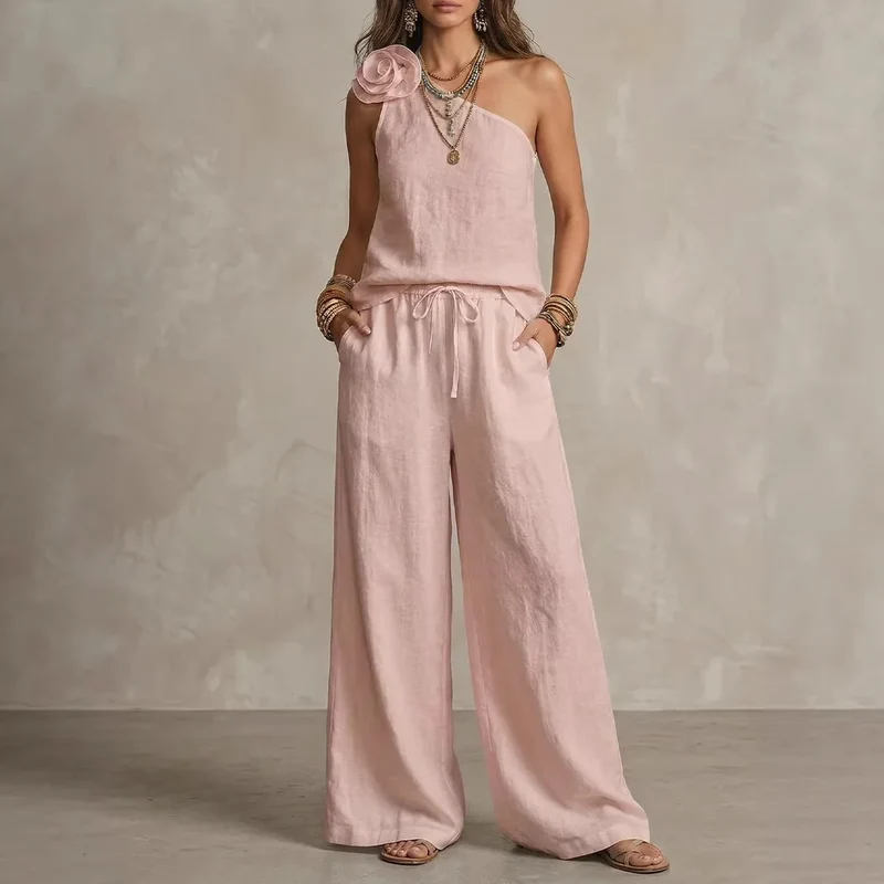 Sexy Urban-Style Loose-Fit Sleeveless Ensemble Chic "Coton-Lin" – Haut Épaules Dénudées et Pantalon Large