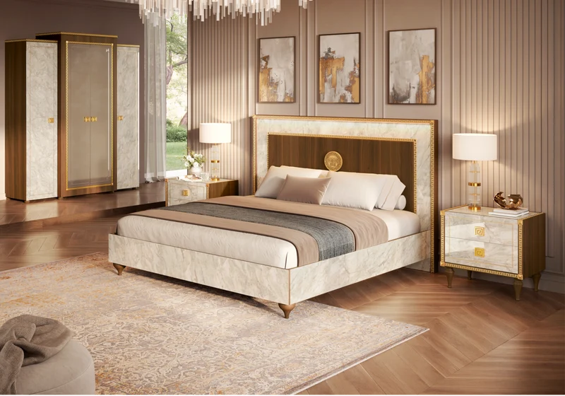 Armoire 4 portes miroir marbre noyer et or 24K - Romantica