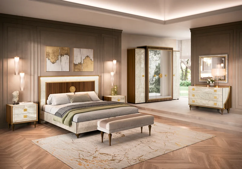 Armoire 5 portes miroir marbre noyer et or 24K - Romantica