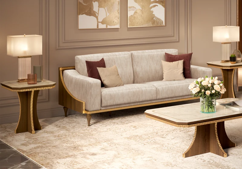 Table basse rectangulaire marbre noyer et or 24K - Romantica