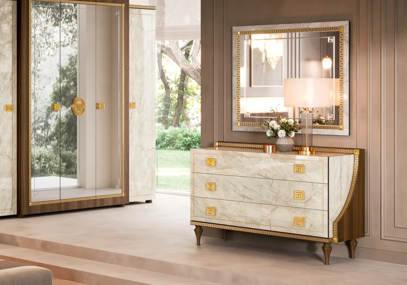 Commode 3 tiroirs marbre noyer et or 24K - Romantica