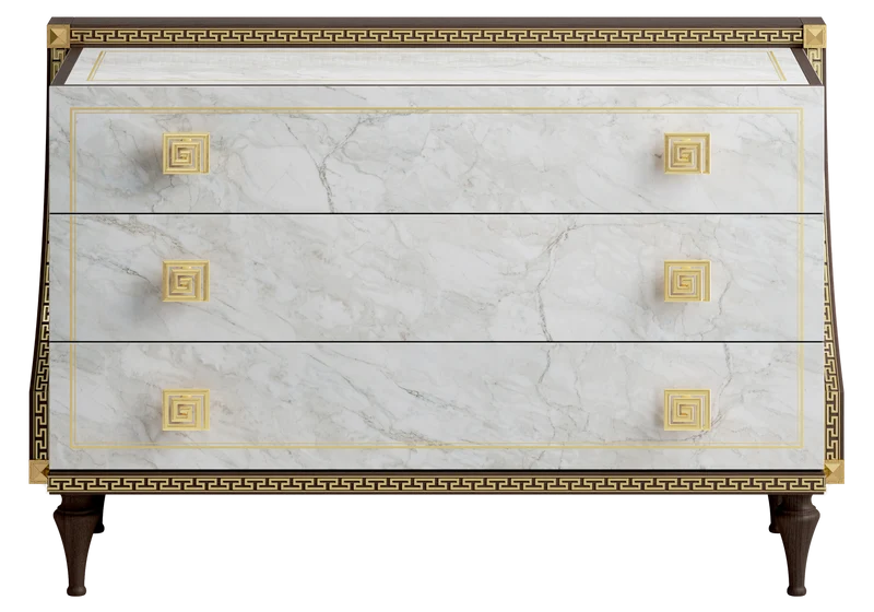 Commode 3 tiroirs marbre noyer et or 24K - Romantica