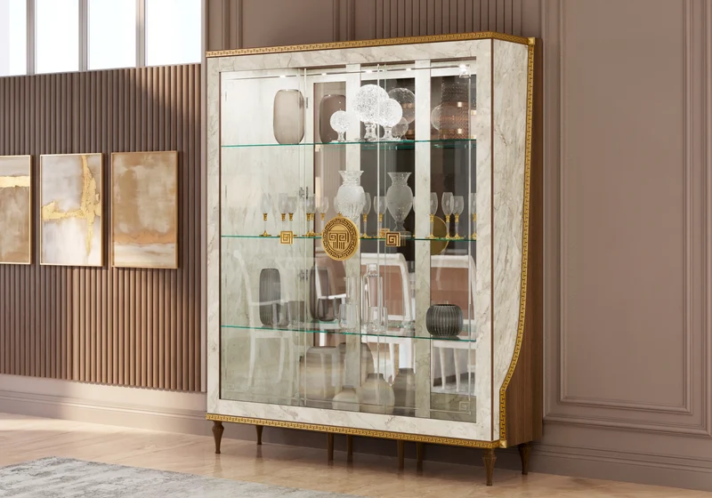 Vitrine 3 portes marbre noyer et or 24K - Romantica