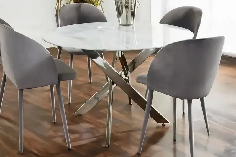 Jessy Table à manger Ronde 100cm marbre blanc pied argent