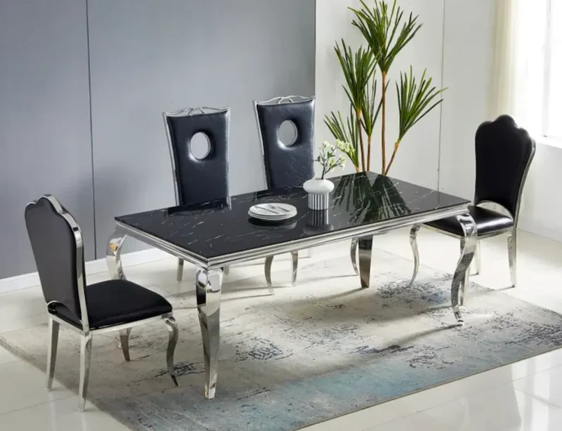 Table à Manger BAROQUE marbre noir pied argent