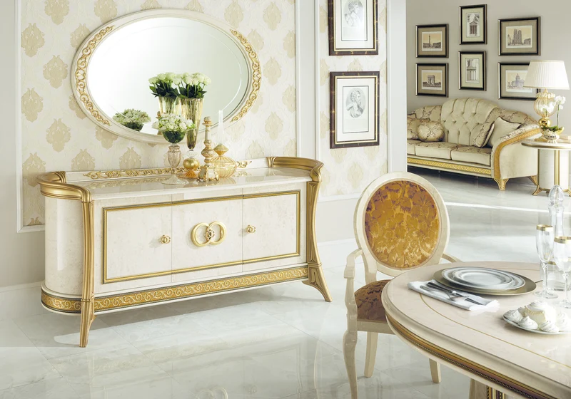 Commode 3 tiroirs effet marbre ivoire et or - Melodia