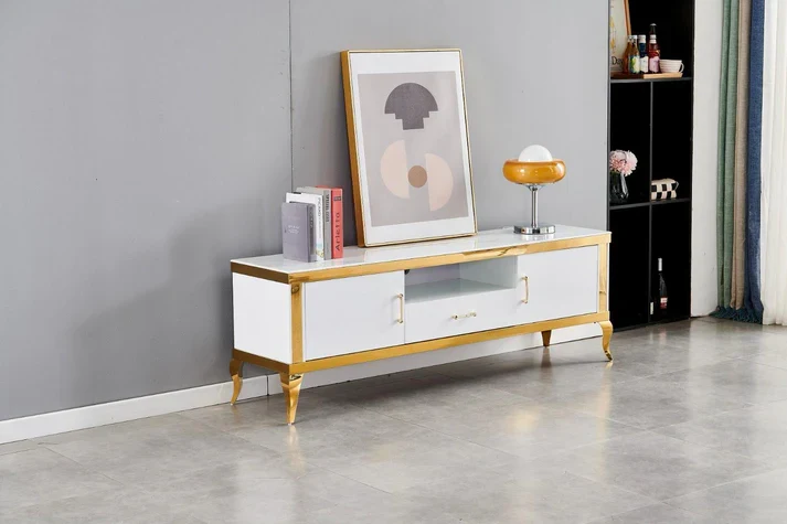 Meuble TV baroque marbre doré 170cm