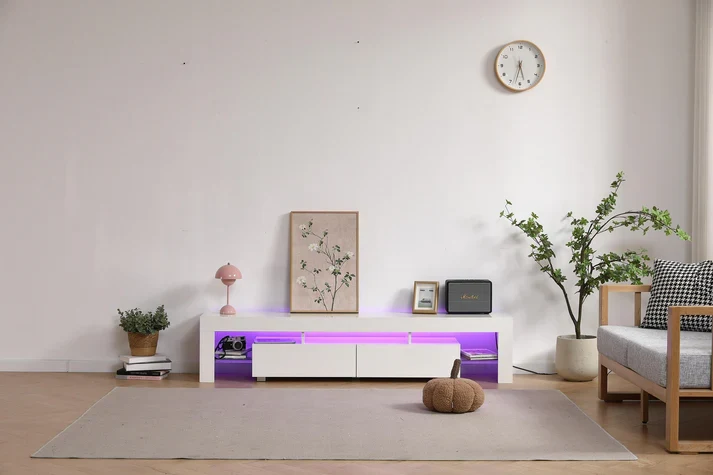 Meuble TV ECLIPSE Blanc – 180x35x38 cm – Design Moderne avec LED & Rangement Intégré