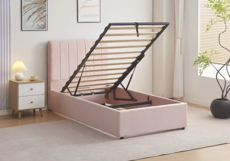 Lit coffre 90x190 velours rose avec sommier - Onora