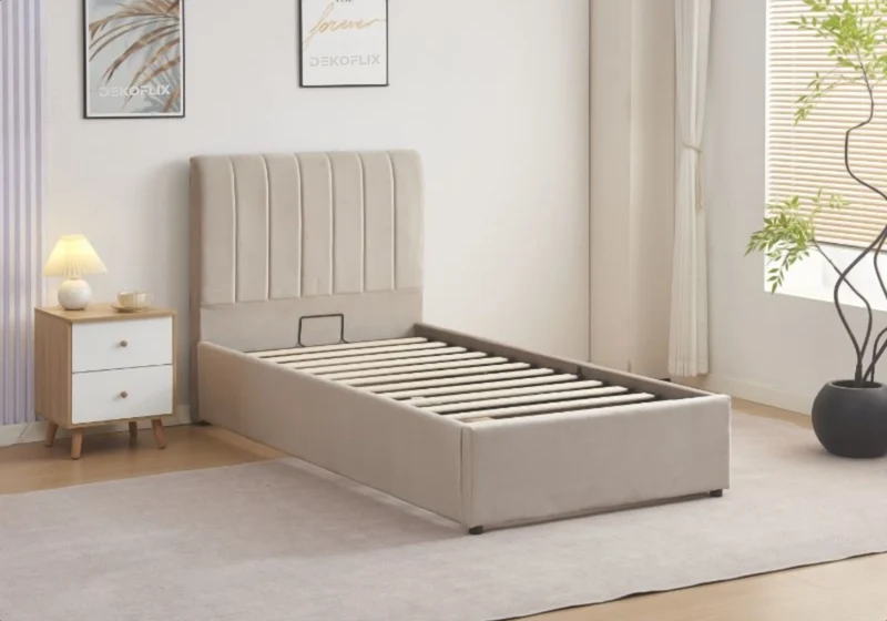 Ensemble lit coffre 90x190 velours taupe et matelas - Onora