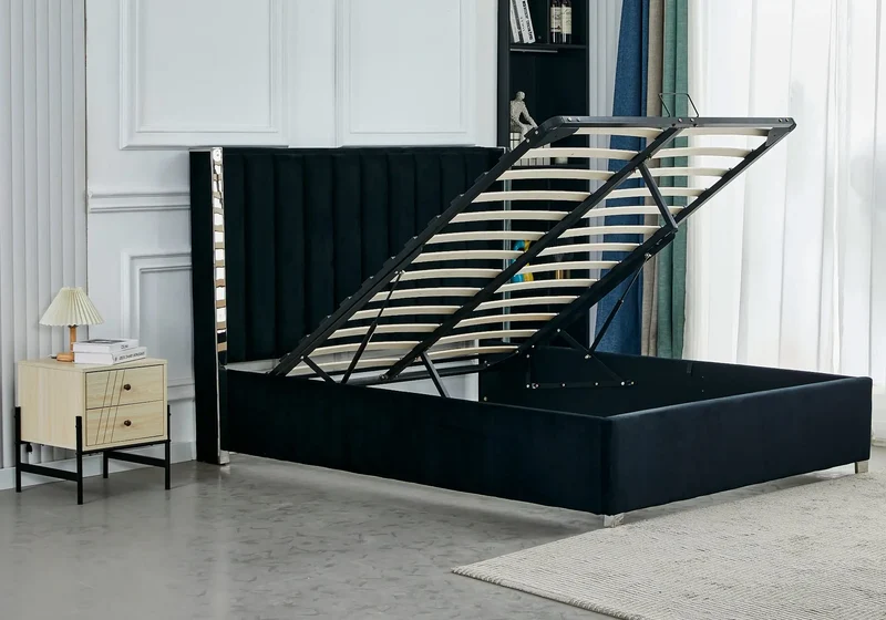Ensemble lit coffre noir argenté et matelas ressorts - Jade