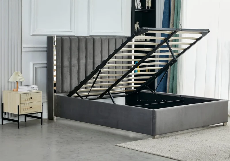 Ensemble lit coffre gris argenté et matelas ressorts - Jade