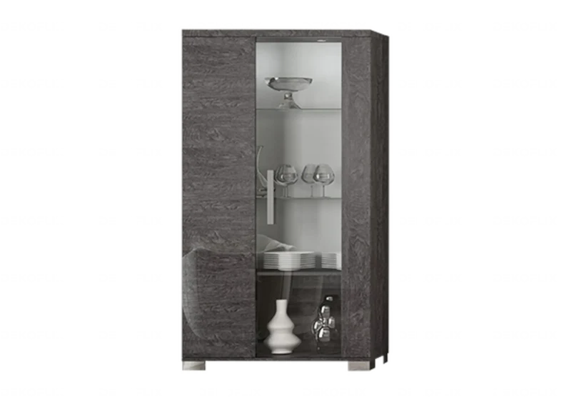 Vitrine 1 ou 2 portes avec LED bouleau gris laqué - Sarah