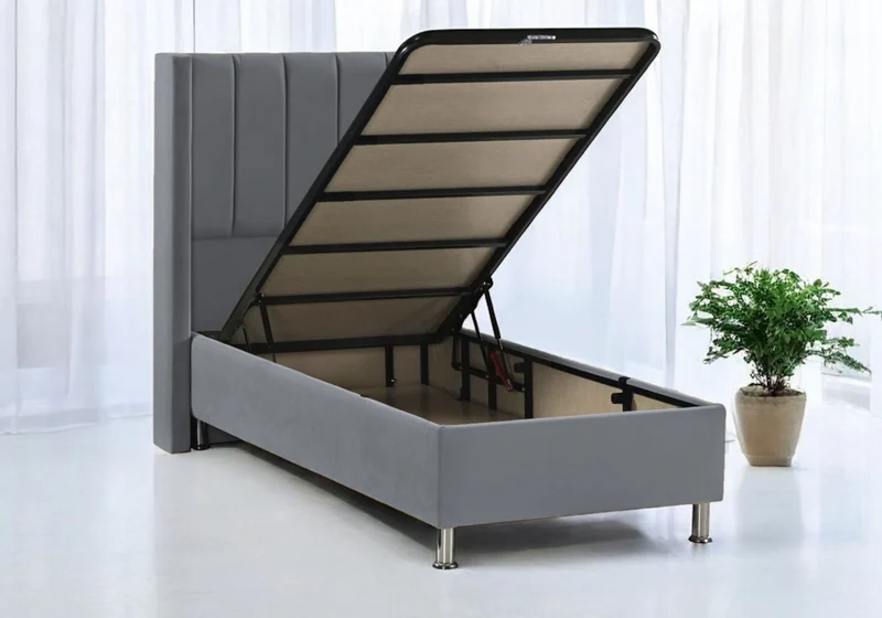 Ensemble lit coffre gris et matelas ressorts 90x190 - Tokyo