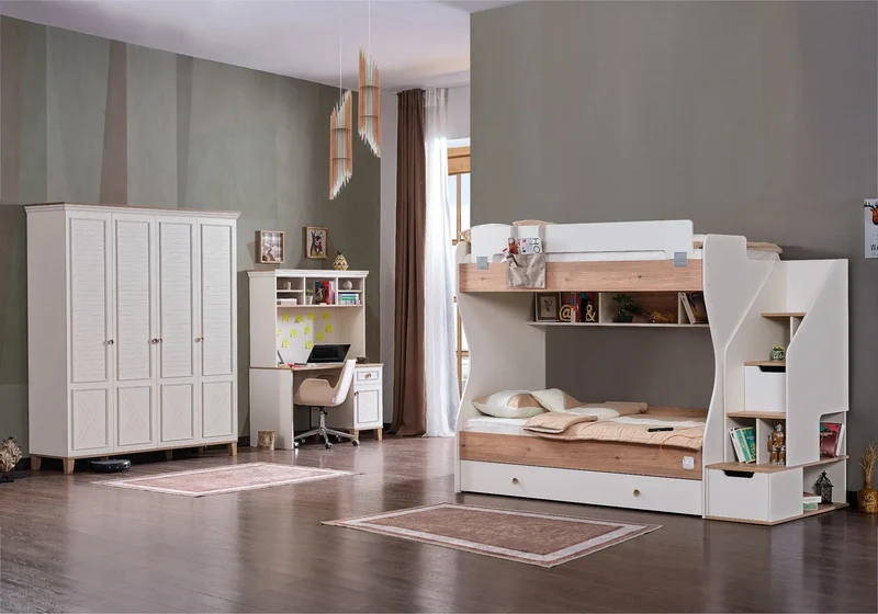 Ensemble chambre jeune lit superposé beige ATLAS