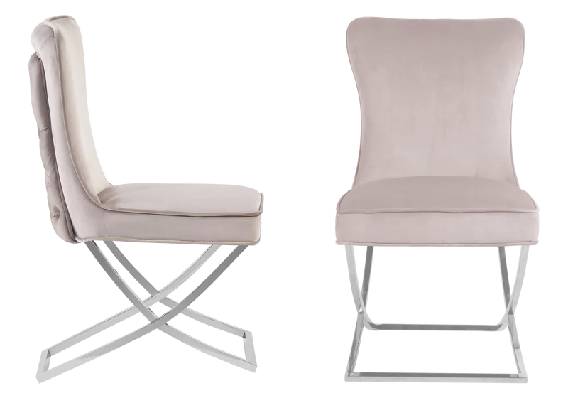Chaise capitonnée pied croisé argent beige - Enzo x2