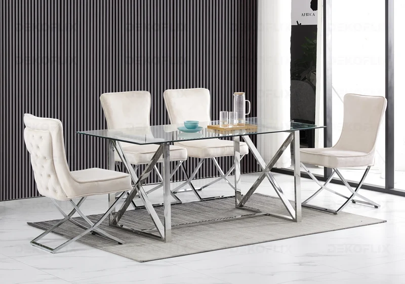Chaise capitonnée pied croisé argent beige - Enzo x2