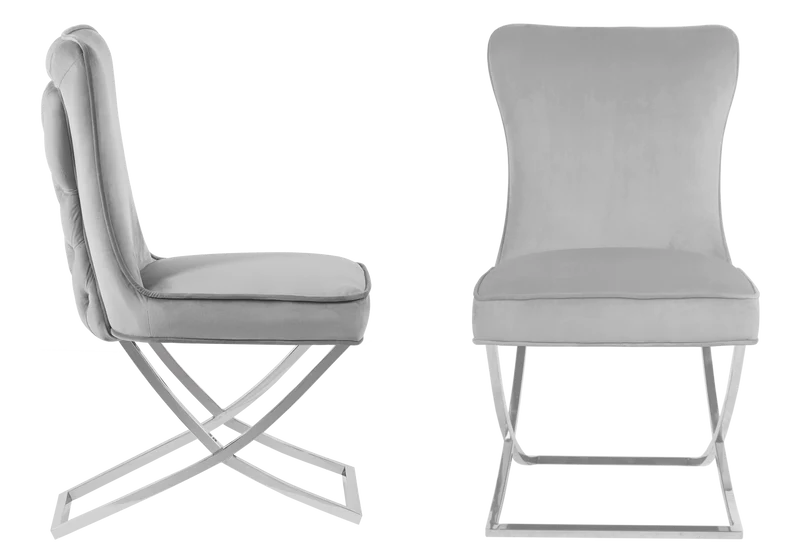 Chaise capitonnée pied croisé argent grise - Enzo x2
