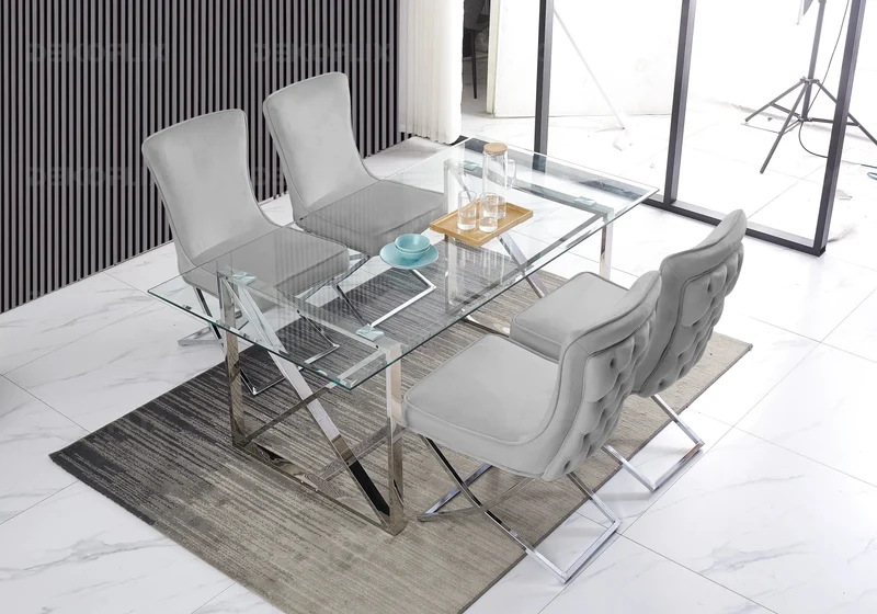 Chaise capitonnée pied croisé argent grise - Enzo x2