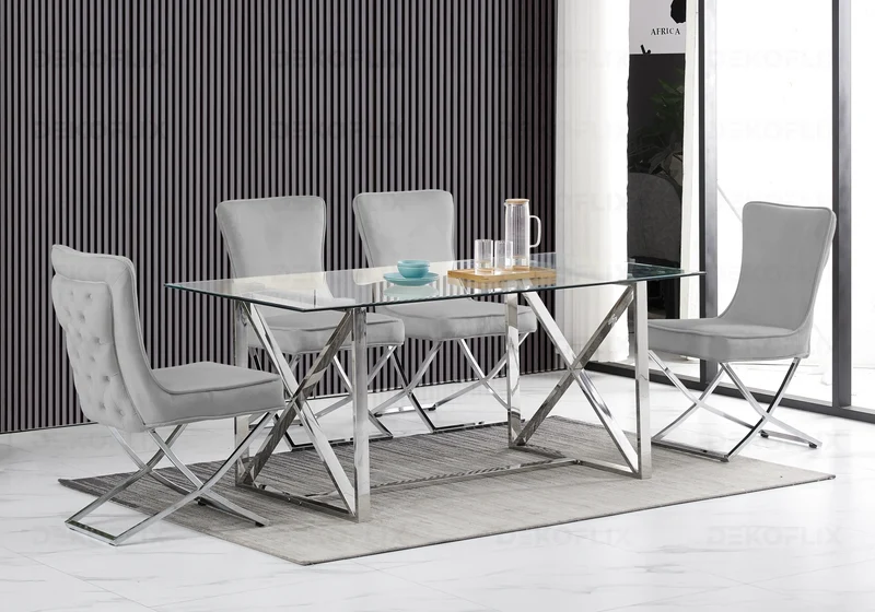 Chaise capitonnée pied croisé argent grise - Enzo x2