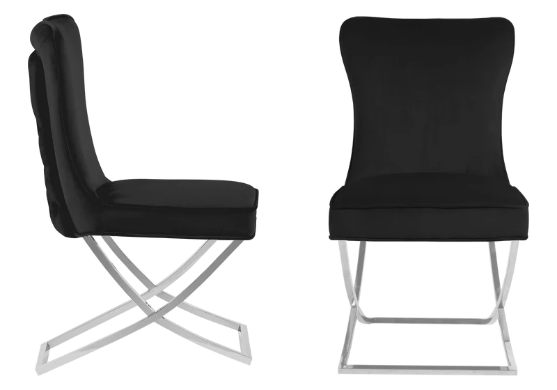 Chaise capitonnée pied croisé argent noire - Enzo x2