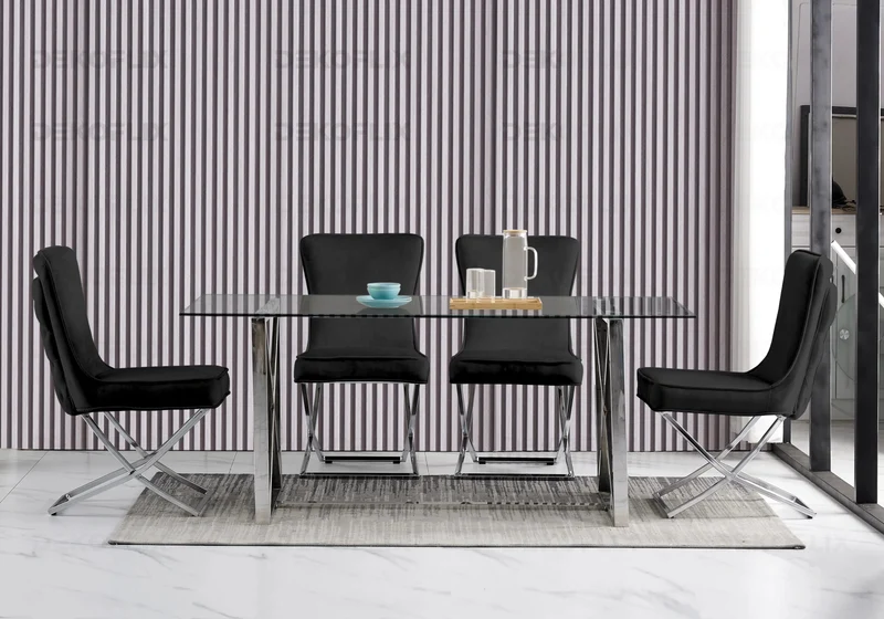 Chaise capitonnée pied croisé argent noire - Enzo x2