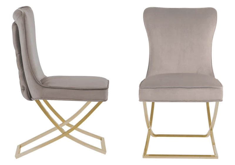 Chaise capitonnée pied croisé doré taupe - Enzo x2