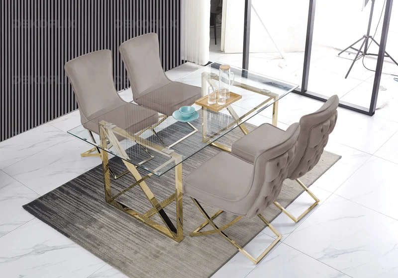 Chaise capitonnée pied croisé doré taupe - Enzo x2