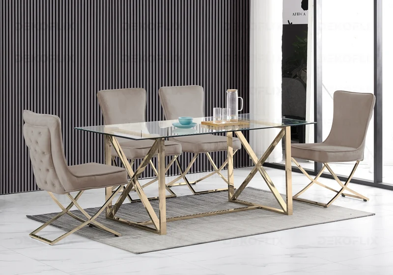 Chaise capitonnée pied croisé doré taupe - Enzo x2
