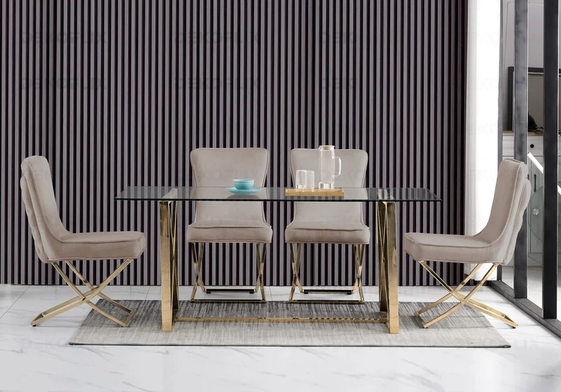 Chaise capitonnée pied croisé doré taupe - Enzo x2
