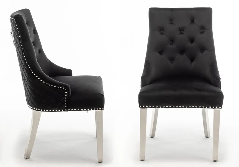 Chaise capitonnée velours noir tête de lion argent - Lion x2