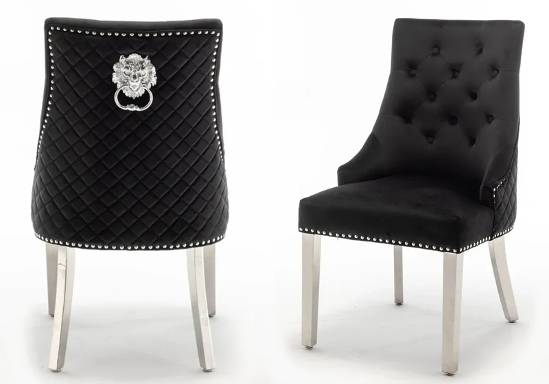 Chaise capitonnée velours noir tête de lion argent - Lion x2