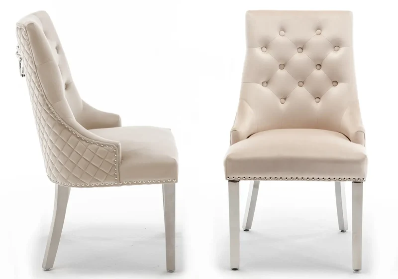 Chaise capitonnée velours beige tête de lion argent - Lion x2