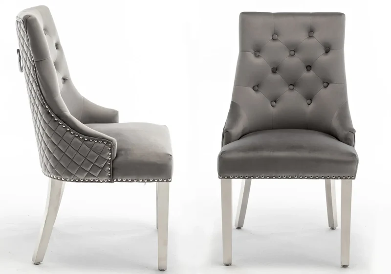 Chaise capitonnée velours anthracite anneau argent - Lidy x2