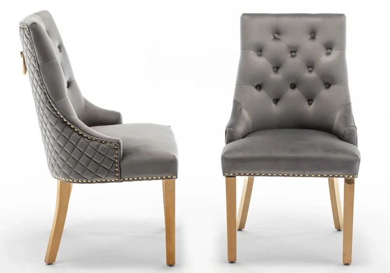 Chaise capitonnée velours anthracite anneau doré - Lidy x2