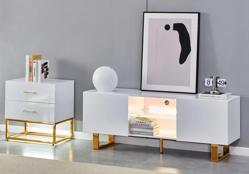 Petit meuble rangement doré laqué blanc - Line