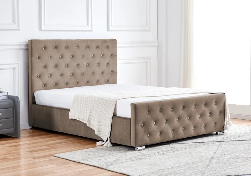 Lit double capitonné en velours taupe avec strass - Anis