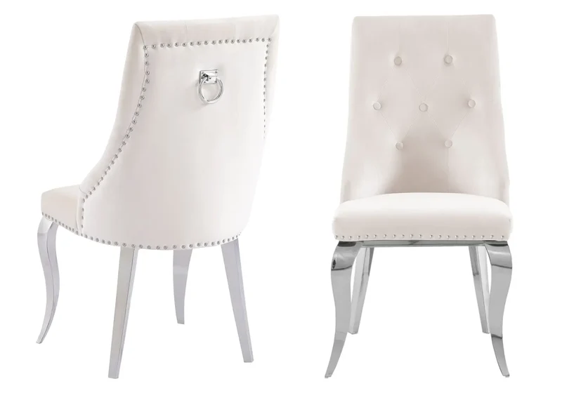 Chaises cloutées en velours écru et anneau argenté - Lara x4