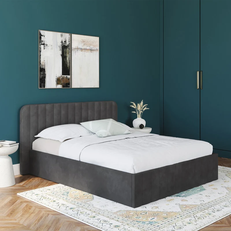 Lit coffre Valentina en velours gris avec sommier et tête de lit 160x200cm