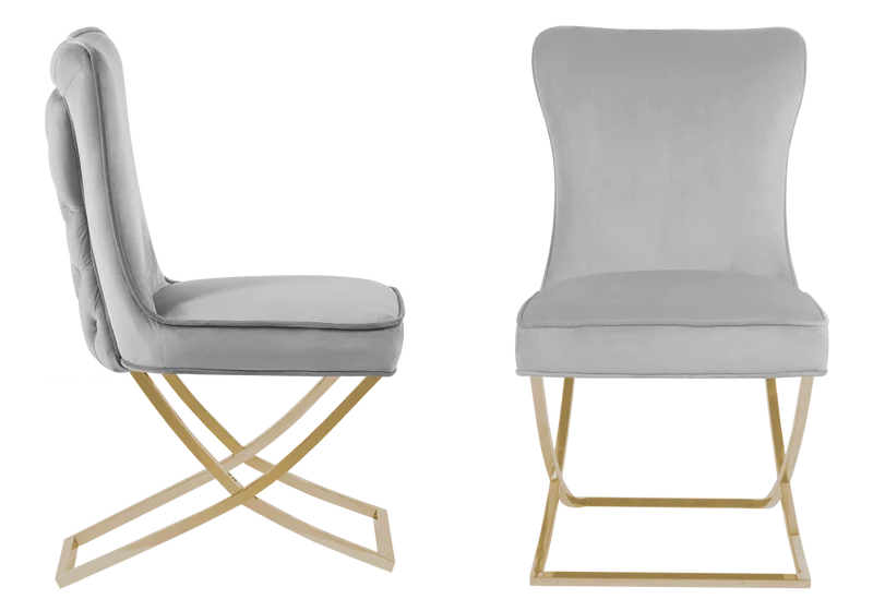 Chaise capitonnée pied croisé doré grise - Enzo x2