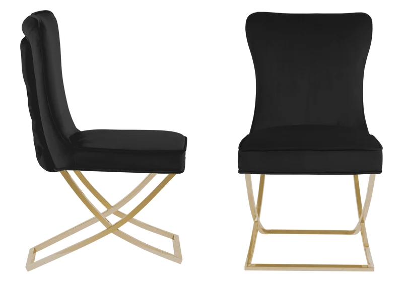Chaise capitonnée pied croisé doré noire - Enzo x2