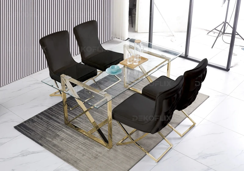 Chaise capitonnée pied croisé doré noire - Enzo x2